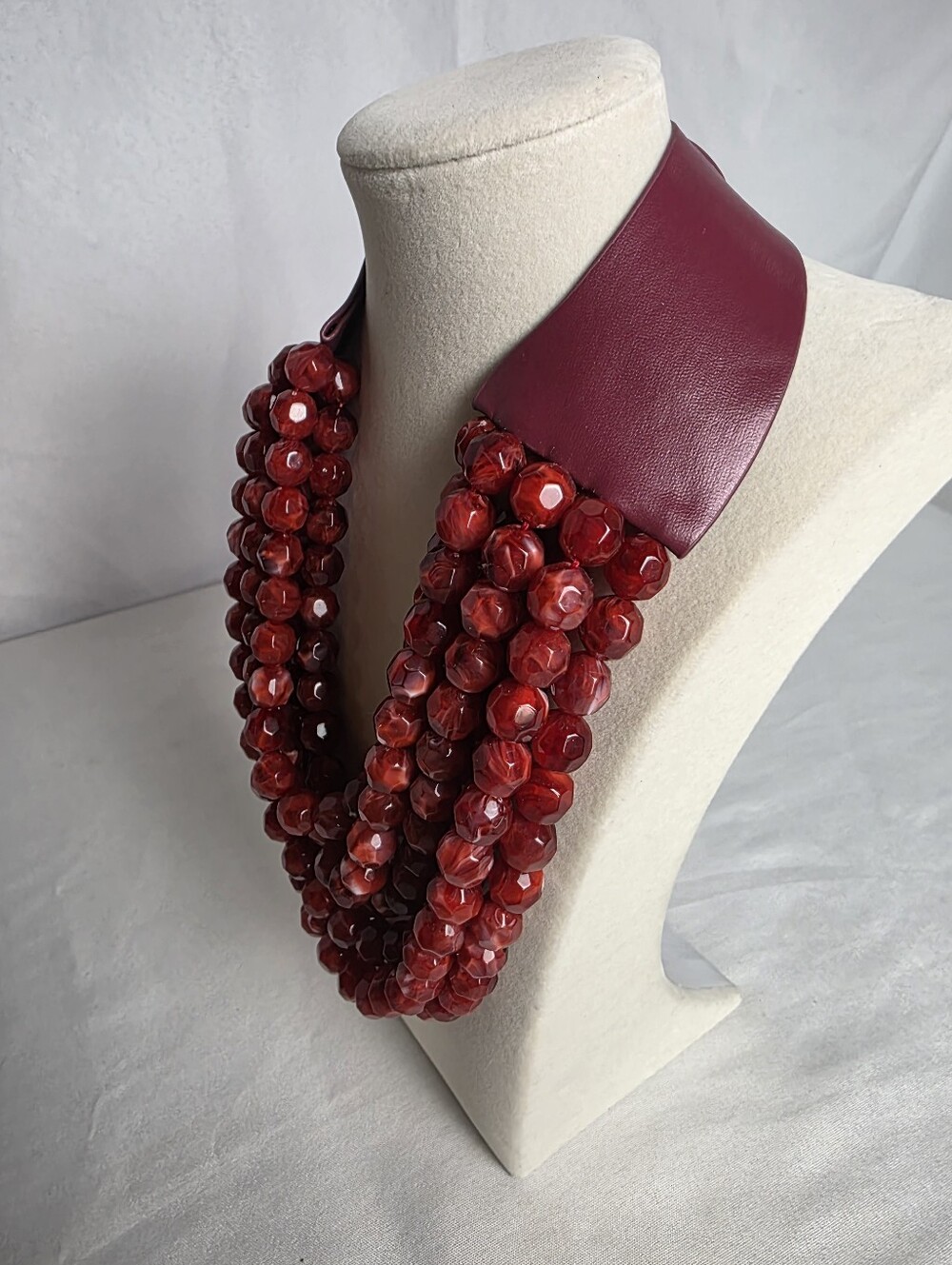 Burgundy 7 Strand Faceted Bead Statement Necklace Magnetic Closure - Picture 4 of 7